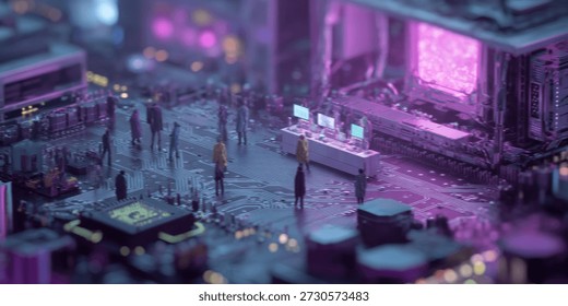 Tiny figures explore a vast, neon-lit circuit board city