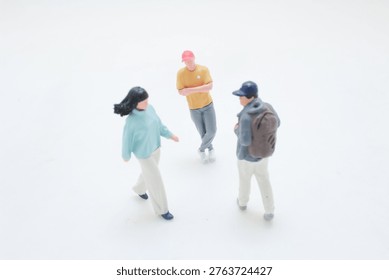 Tiny figures form casual circle in minimalist scene