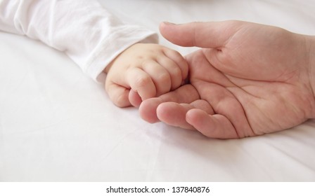 Tiny hand of son and big hand of dad