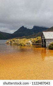 Tiny House On The Yellow Brown Lake Of The Cradle Mountain Region In Tasmania, Australia