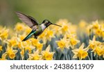 A tiny hummingbird hovers in mid-air, its iridescent feathers gleaming in the sunlight.The hummingbird’s long beak dips towards a flower, ready to sip its sweet nectar with a sea of yellow flowers. 