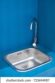 Tiny Kitchen Sink With Tap, European Low Cost Cozy Little Blue  Kitchen With Stainless Steel Sink And Faucets, Modern And Cheaper Small Blue Kitchen