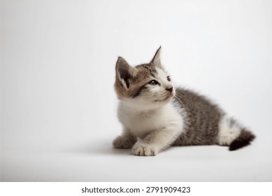 Tiny kitten with soft gray and white fur rests on white surface. Eyes wide and curious, it gazes upward attentively. Still, alert, and innocent, it embodies youthful charm. Ideal for themes of purity