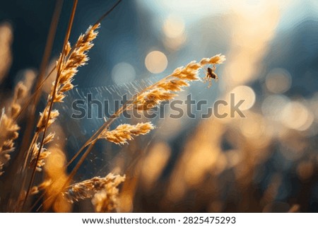 A tiny ladybug rests on a dried wheat stalk, illuminated by warm, diffused sunlight creating a bokeh effect in the background.