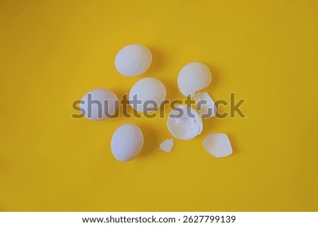 Tiny lizard eggs and their hatched shells are sparsely scattered on a vibrant yellow background, showcasing the delicate remnants of new life. Concept of reptile reproduction, hatching, and life cycle