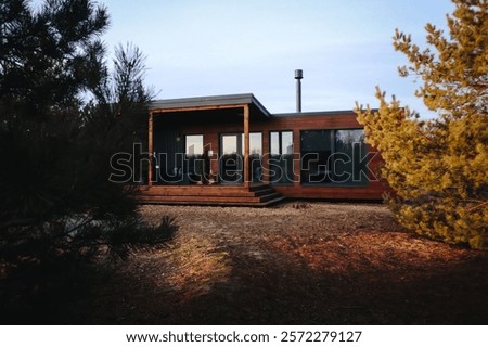 Tiny modern house with panoramic windows surrounded by pine forest