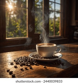A tiny mug, barely a cup, sits nestled on a worn wooden table. Sunlight spills in, warming the scene. A single coffee bean, a dark speck beside it, completes the picture. Quiet comfort in a small cup.