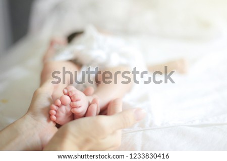 Tiny Newborn infant baby feet in mothers hands. concept for Happy Family Maternity parent concepts.