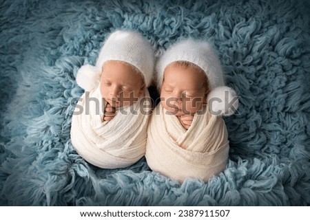 Tiny newborn twin boys in white cocoons on a blue background in white caps. Studio professional photography of newborn baby twins. Twin brothers.