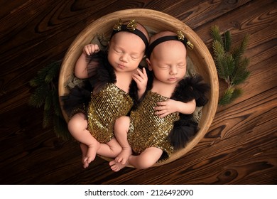 Tiny Newborn Twin Girls In A Gold-colored Bodysuit. The Twins Are Lying In A Round Wooden Basket On A Background Of Vintage Brown Boards. Newborn Twin Girls In Black Headbands With Gold Bows.