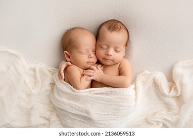 Tiny newborn twins boys in white cocoons on a white background. A newborn twin sleeps next to his brother. Newborn two twins boys hugging each other.Professional studio photography - Powered by Shutterstock