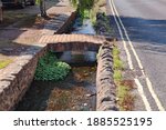A tiny stream runs through the trees and under a small bridge in an idyllic Somerset village.