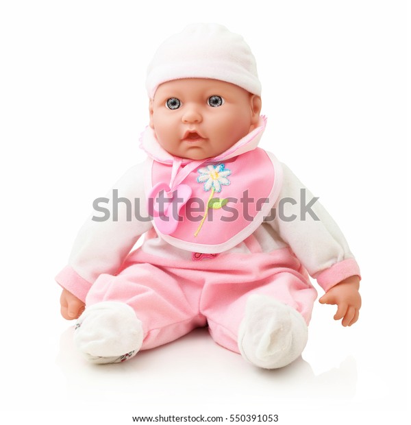 Tiny tots doll with dummy, isolated on white background with shadow reflection. Caucasian
