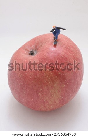 Tiny winter figurine rides orange board on red fruit