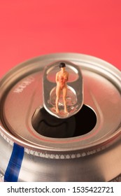 Tiny Woman On A Soda Can. Sugar Drink Or Cola Addiction.  Consumption Of Fizzy Drinks Are Bad For Diet And Health. Quitting Soda Habit Can Be Challenging. 