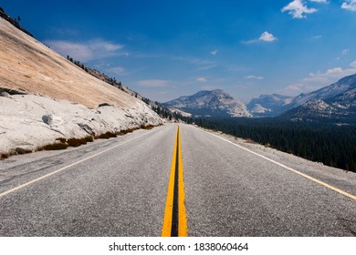 The Tioga Road (highway 120) Leading To The Tenaya Lake At The Yosemite National Park, California, USA; Concept For Road Trip.