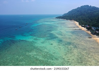 Tioman Tropical Island Drone Photo With Beautiful Blue Sea And Sky. South China Sea. Southeast Asia

