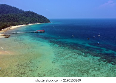 Tioman Tropical Island Drone Photo With Beautiful Blue Sea And Sky. South China Sea. Southeast Asia

