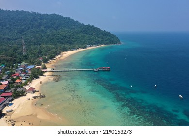 Tioman Tropical Island Drone Photo With Beautiful Blue Sea And Sky. South China Sea. Southeast Asia

