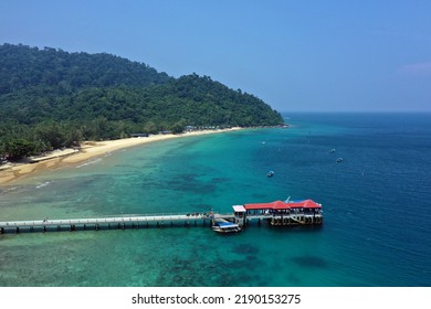 Tioman Tropical Island Drone Photo With Beautiful Blue Sea And Sky. South China Sea. Southeast Asia

