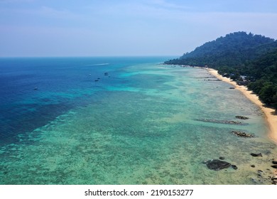 Tioman Tropical Island Drone Photo With Beautiful Blue Sea And Sky. South China Sea. Southeast Asia

