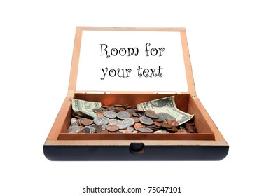 a tip jar or rather an old cigar box as a tip jar with a request for tips. text can easily be removed and replaced with your own sayings or info or images, isolated on white