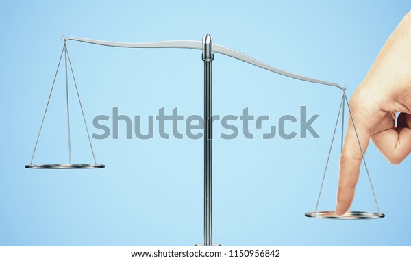 Tip the scales of justice concept. Finger\
illegaly influencing the legal system for an unfair advantage on\
blue backdrop.