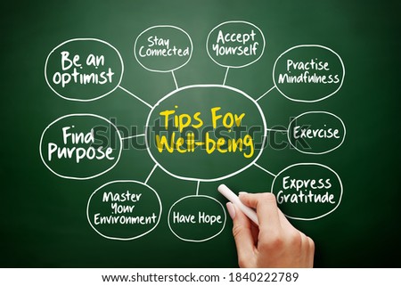 Tips for wellbeing mind map flowchart, education business concept for presentations and reports