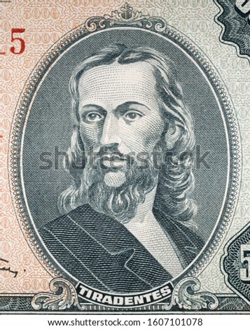 Tiradentes (1746-1792) portrait on Brazil 5000 cruzeiro (1964). National hero of Brazil.
