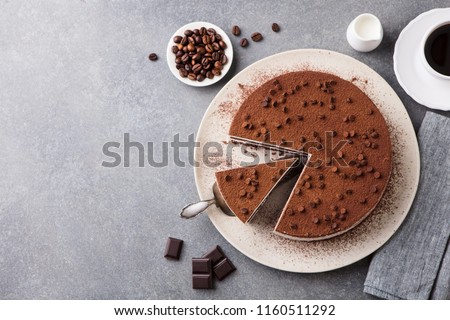 Tiramisu cake with chocolate decotaion on a plate. Grey stone background. Top view. Copy space.