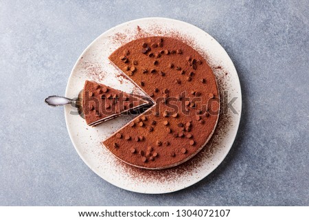 Tiramisu cake with chocolate decotaion on a plate. Grey stone background. Top view.