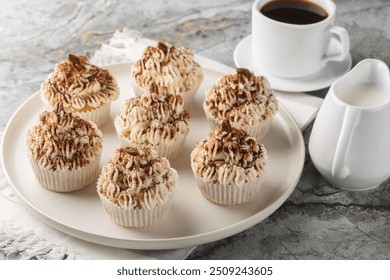 Tiramisu cupcakes with mascarpone cheese frosting and coffee closeup on the plate on the table. Horizontal
 - Powered by Shutterstock