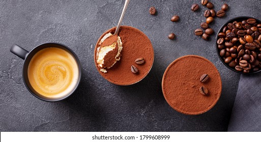 Tiramisu Dessert With Cup Of Coffee. Dark Grey Background. Top View.