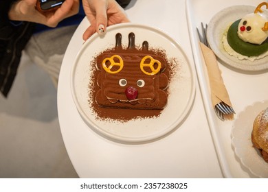 Tiramisu in the shape of Rudolph the Red-Nosed Reindeer