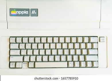 Tirana, Albania. February 2020: Vintage Tone Close-up Apple II Logo On Vintage Keyboard Apple Computer, Inc