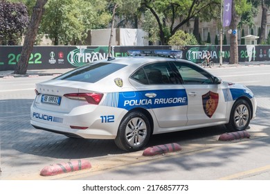 Tirana, Albania - June 4, 2022: Car Of Albanian Road Police (Policia Rrugore).