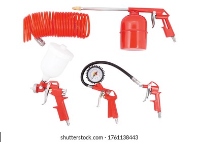 Tire Inflator, Air Hose, Spray Gun, Blow Gun, Sandblasting Gun Isolated On White Background. Pneumatic Tool Set.
