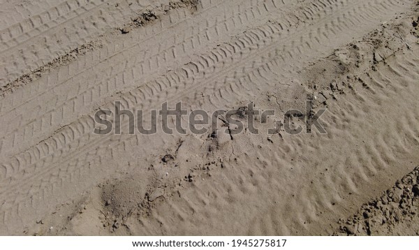 tire marks on the road. sandy road. Car wheel tread\
trace on the sand. Freight road transport. Ride an all-terrain\
vehicle on the sand. Tire tracks left after a jeep safari on a\
muddy road.