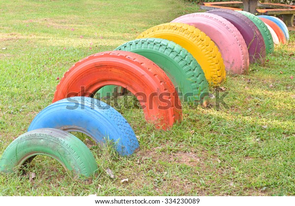 Tire\
recycling is a playground and exercise\
equipment.