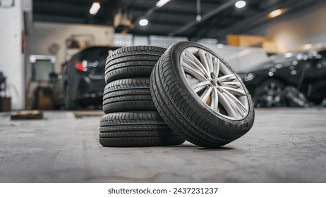 tire at repairing service garage background. Technician man replacing winter and summer tyre for safety road trip. Transportation and automotive maintenance concept - Powered by Shutterstock