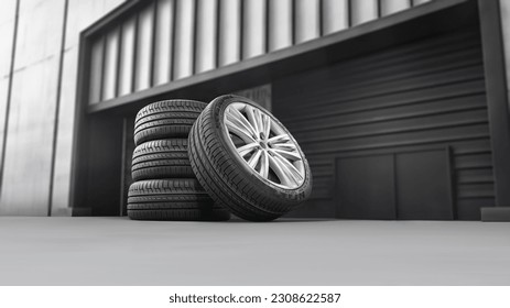 Tire shop, car service and car wheel tire shop design. Stack of car black rubber tires advertising banner - Illuminates asphalt, smoke.  - Powered by Shutterstock