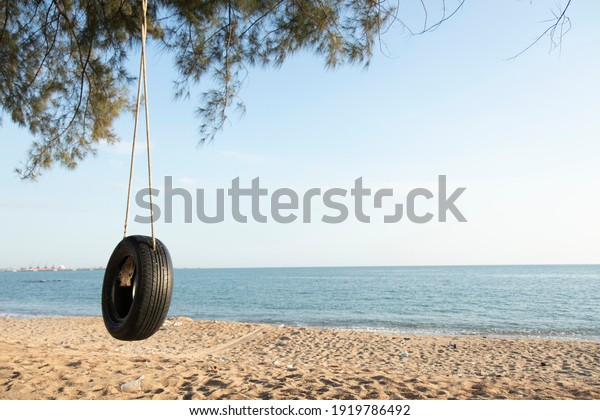 Tire swings hang from trees\
on the sandy beach. With a background of blue sea and sky with\
coluds