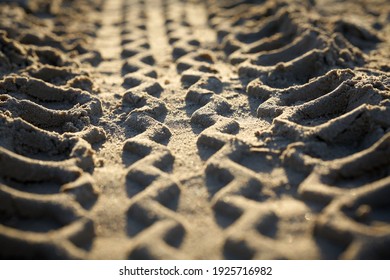   Tire track on the beach of the Polish Baltic coast near Swinoujscie                             