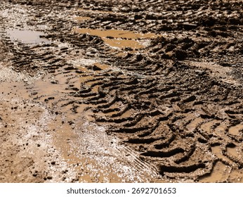 Tire tracks create intricate patterns in wet mud at a rural construction site. Puddles form in the low areas, reflecting the sky. The scene highlights the effects of rain on the terrain