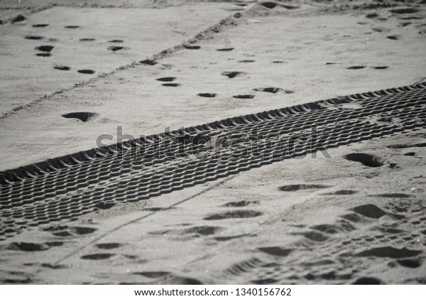 Tire tracks on the sandy beach in the province of\
Malaga, Spain