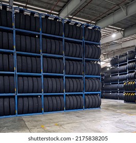 The Tire Warehouse In Tire Manufacturing Factory. Truck And Bus Tire Industry.