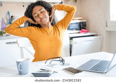Tired Black Woman Working Home Stretching Stock Photo 2143812181 ...