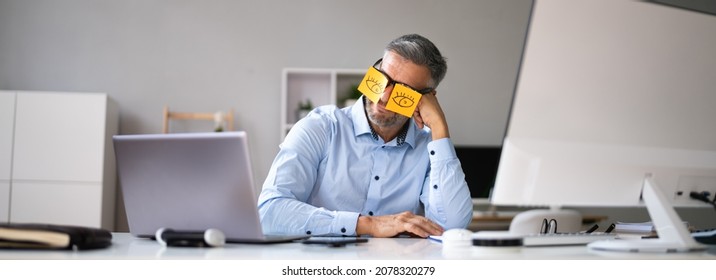 Tired Bored Older Man Sleeping In Office