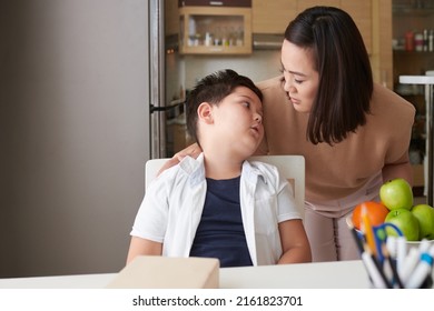 Tired Boy Complaining Mother About Difficult Assignments