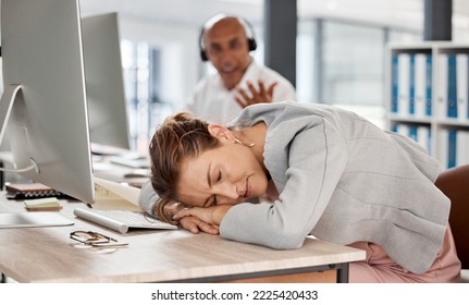 Tired, Burnout And Sleeping Call Center Worker In Consulting Office Exhausted On Overtime Shift. Sleep, Overworked And Mental Health Problem Of Telemarketing Consultant Woman Resting In Workplace.